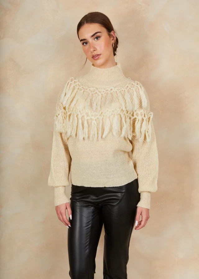 Chi Chi London Cream High Neck Tassel Detail Jumper