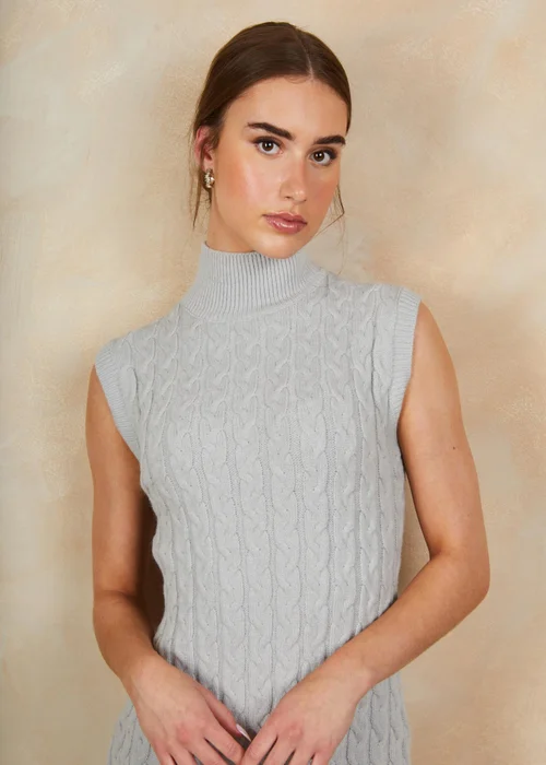 Chi Chi London Grey All-Over Knitted Cable High Neck Mini Dress - Small Image 2