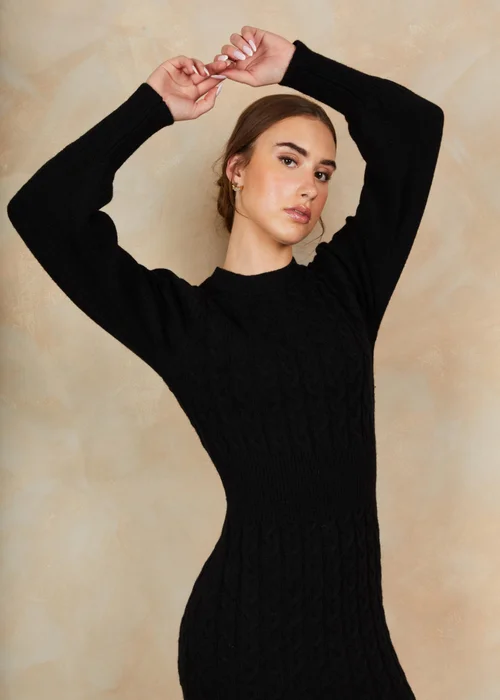 Chi Chi London Black Balloon Sleeve Cable Knit Mini Jumper Dress - Extra small Image 2