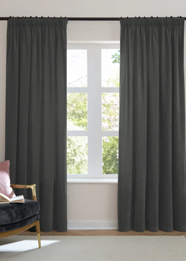 Furn Soft Chenille Blackout Pencil Pleat Curtain Pair Charcoal Grey