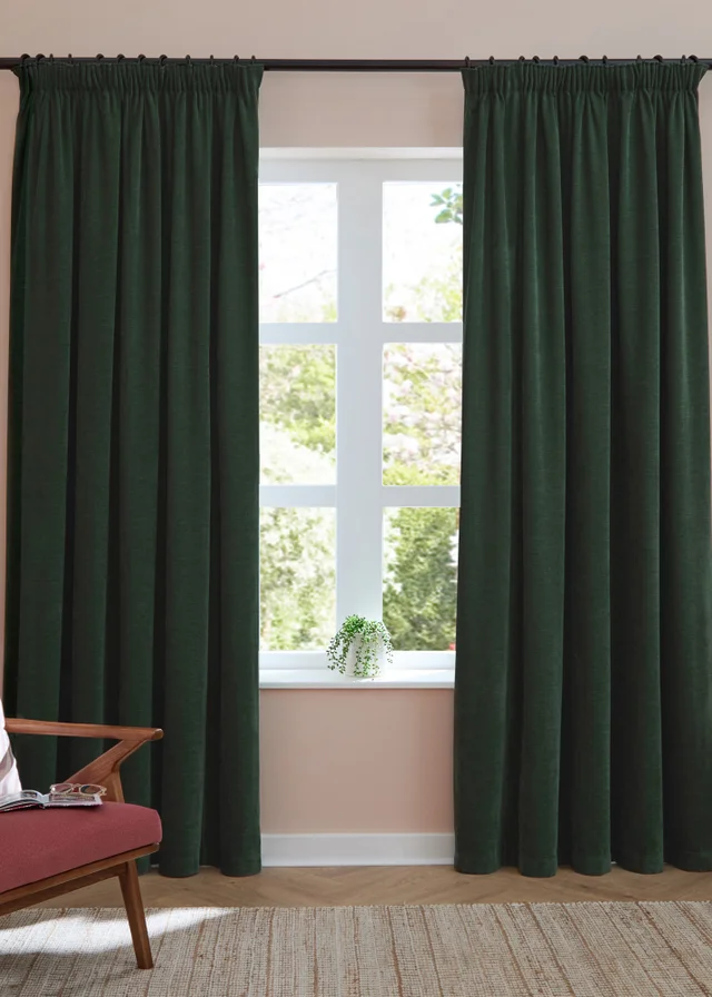 Furn Soft Chenille Blackout Pencil Pleat Curtain Pair Bottle Green