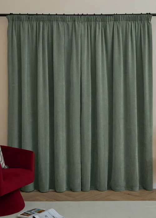 Furn Soft Chenille Blackout Pencil Pleat Curtain Pair Green - 46W X 54D (117x137cm Image 3