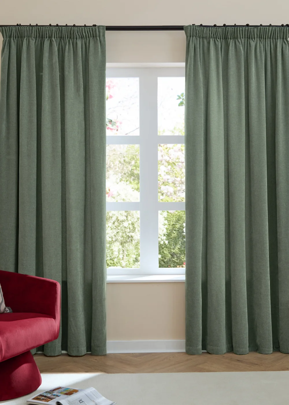 Furn Soft Chenille Blackout Pencil Pleat Curtain Pair Green - 46W X 54D (117x137cm Image 2