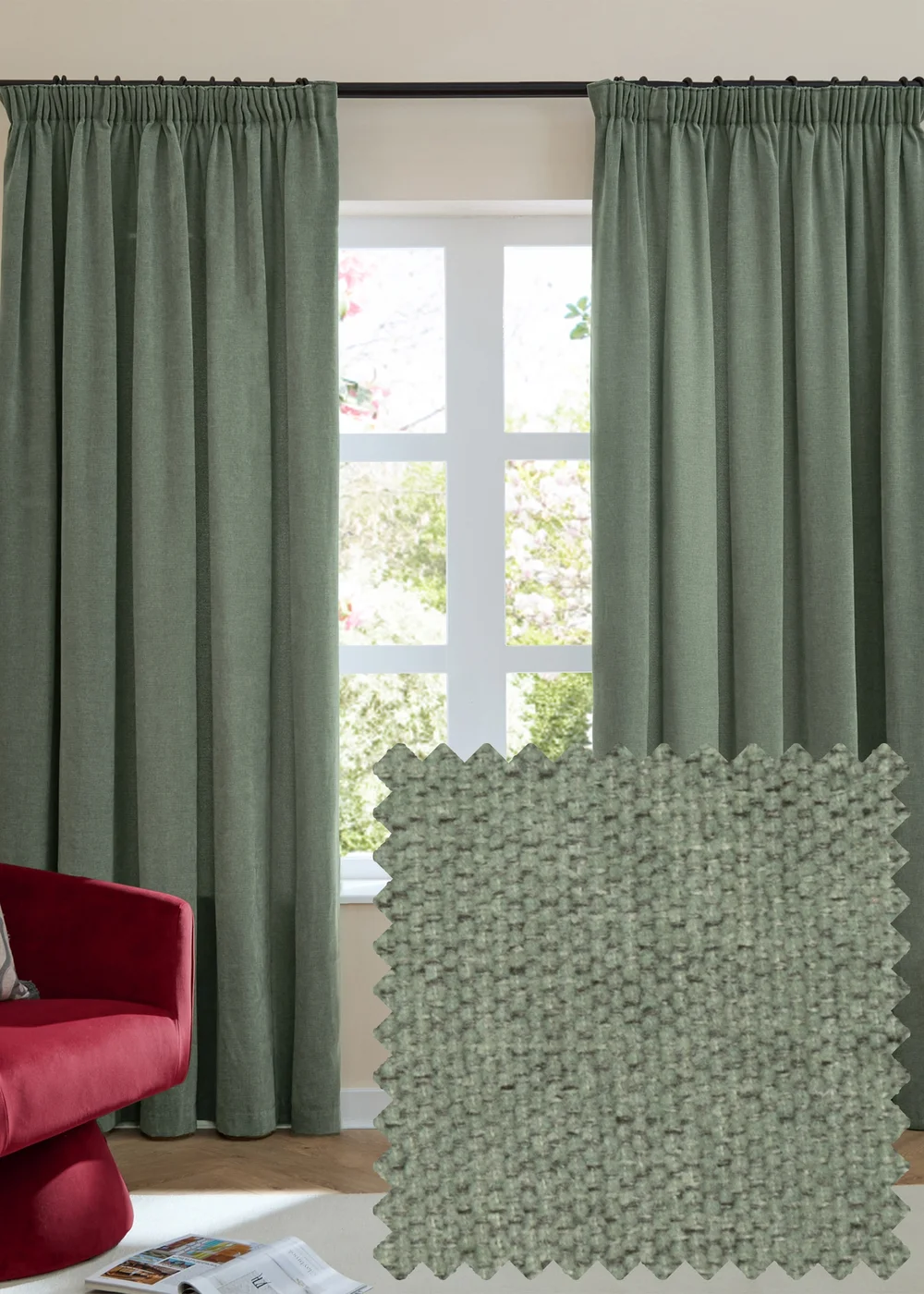 Furn Soft Chenille Blackout Pencil Pleat Curtain Pair Green - 46W X 54D (117x137cm Image 1