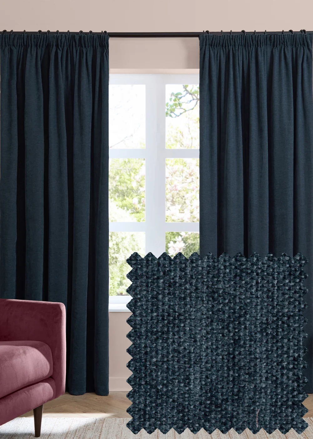 Furn Soft Chenille Blackout Pencil Pleat Curtain Pair Navy - 46W X 54D (117x137cm Image 1
