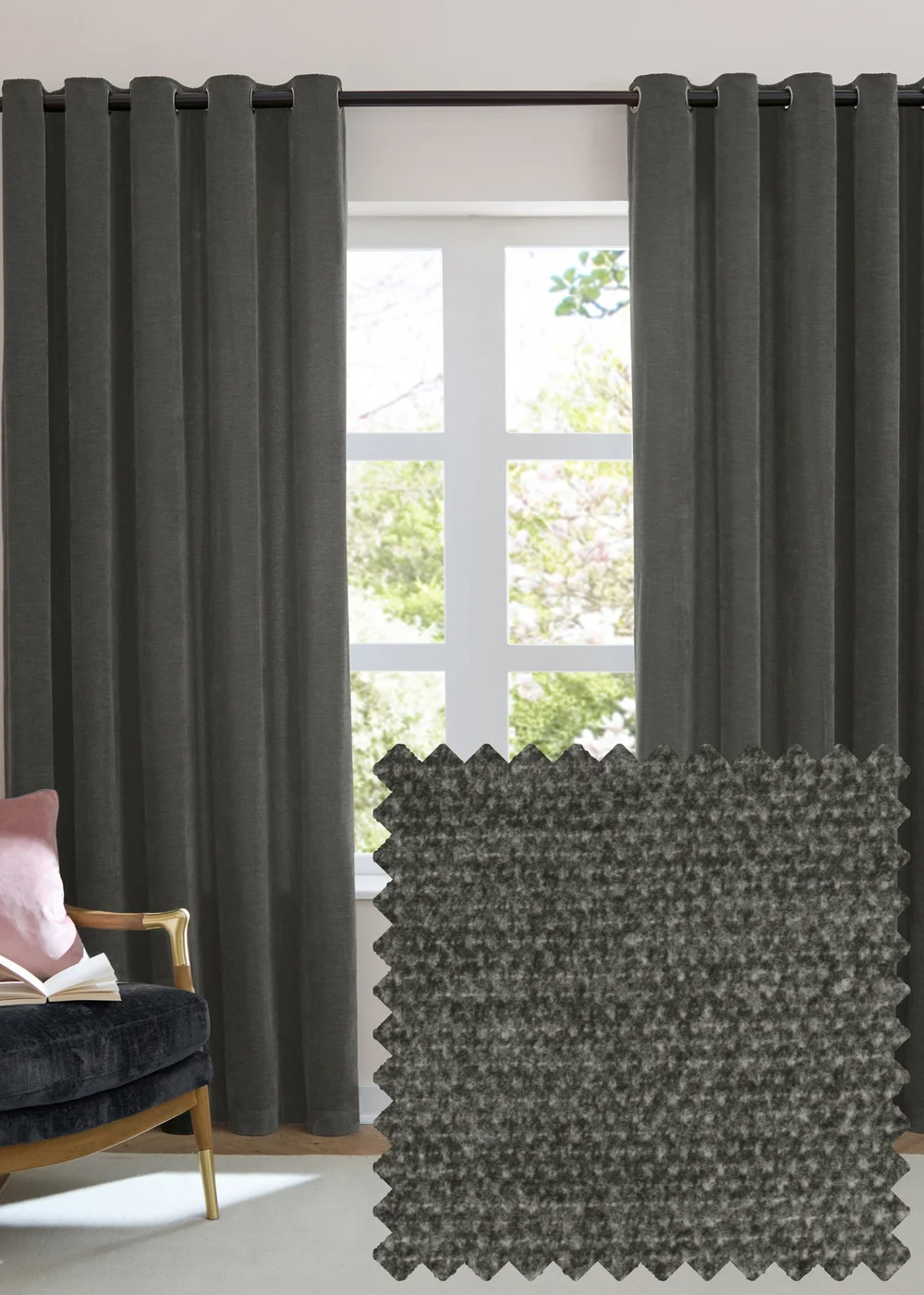 Furn Soft Chenille Blackout Eyelet Curtain Pair Charcoal Grey - 46W X 54D (117x137cm Image 1