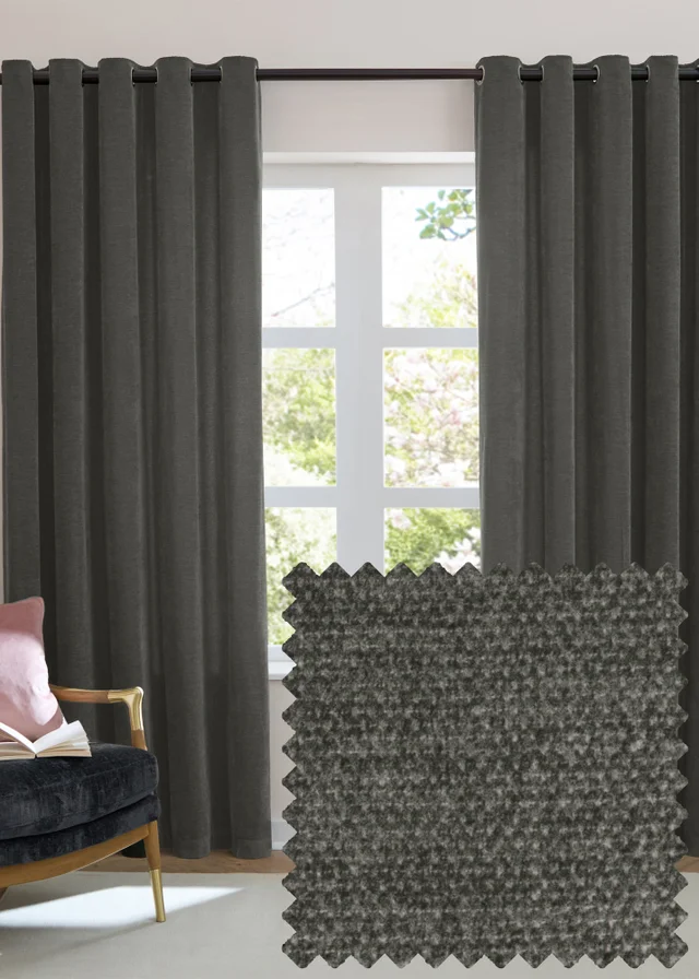 Furn Soft Chenille Blackout Eyelet Curtain Pair Charcoal Grey