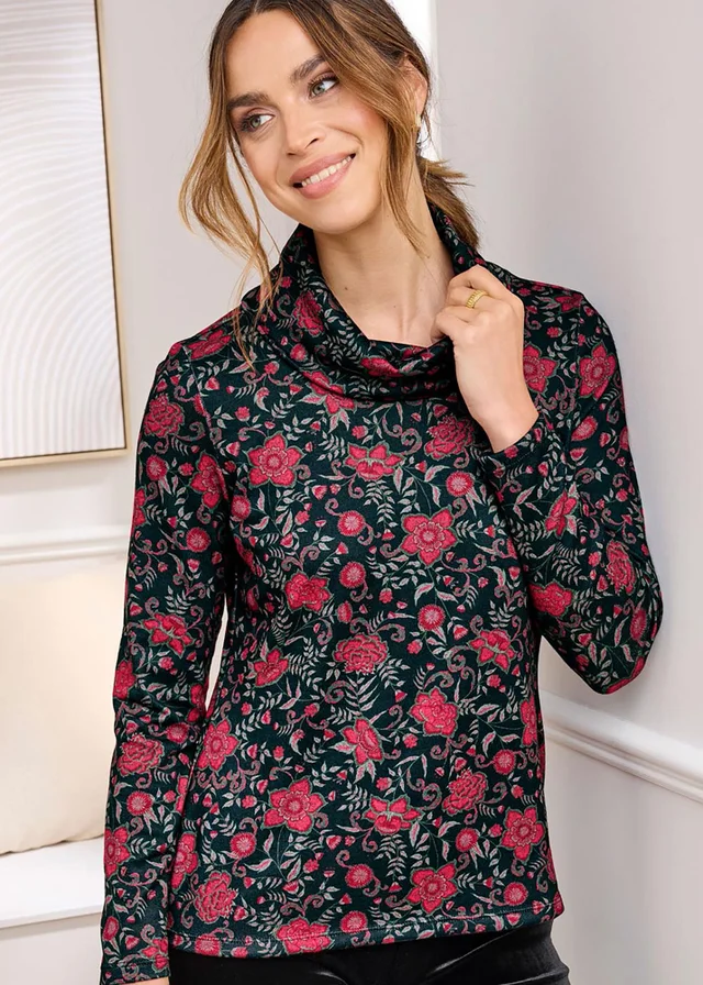 Cotton Traders Black Long Sleeve Cowl Neck Print Jersey Top