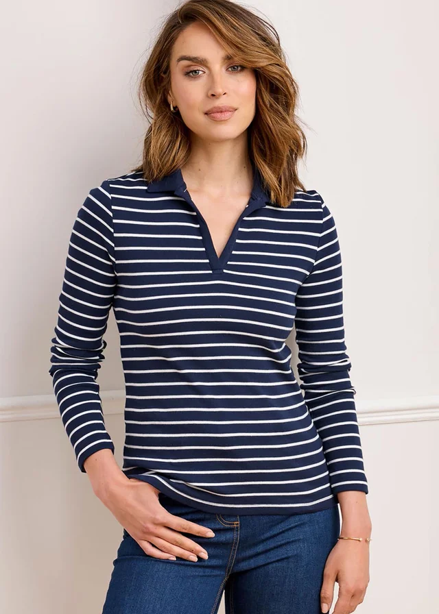 Cotton Traders Navy Cosy Up Long Sleeve Stripe Polo Shirt