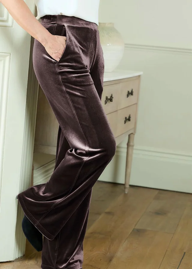 Cotton Traders Chocolate Brown Pull On Wide Leg Velour Trousers