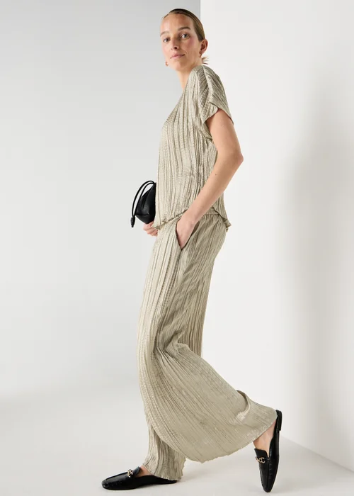 Et Vous Taupe Crinkle Satin Wide Leg Co Ord Trousers - S Image 1
