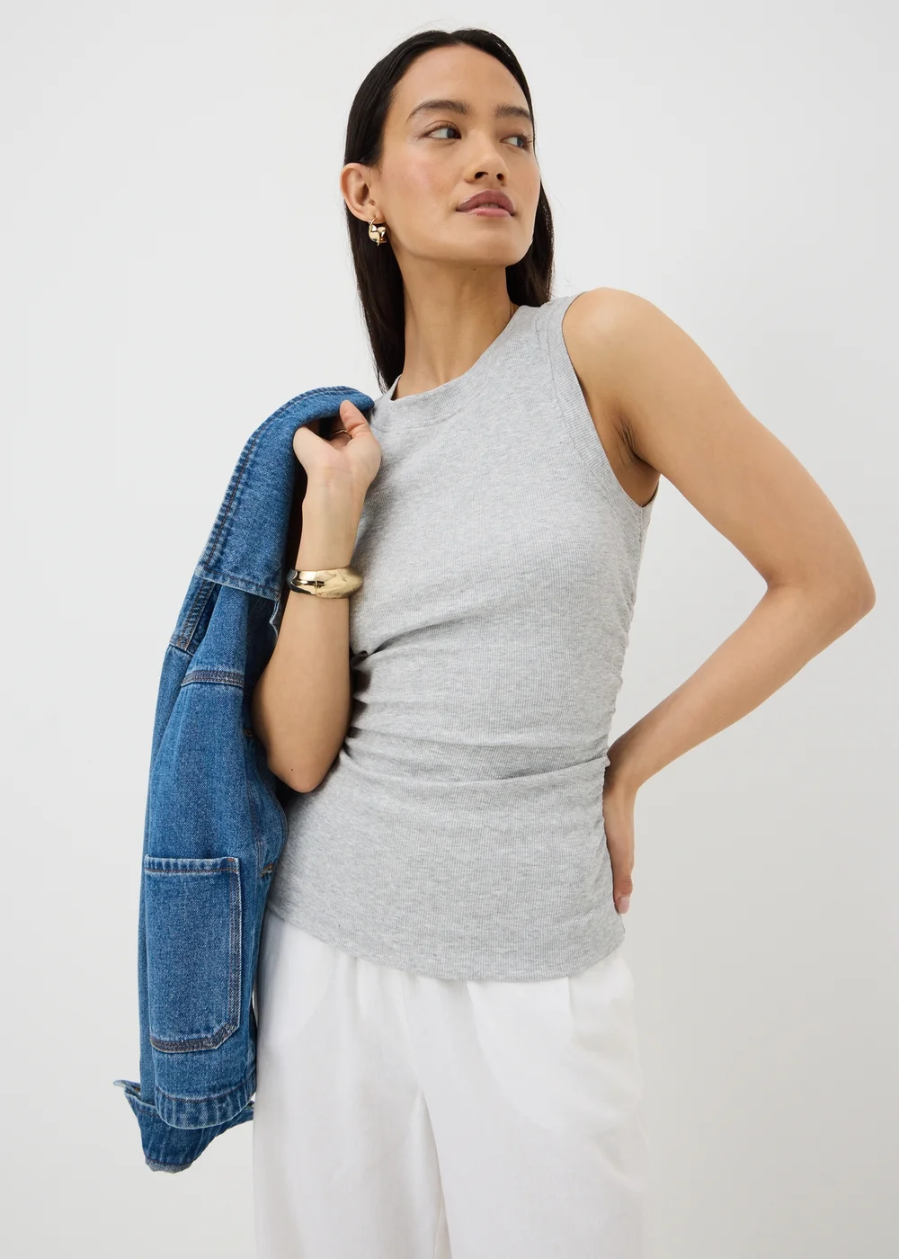 Oatmeal Marl Ruched Side Ribbed Vest Top - 22 Image 1