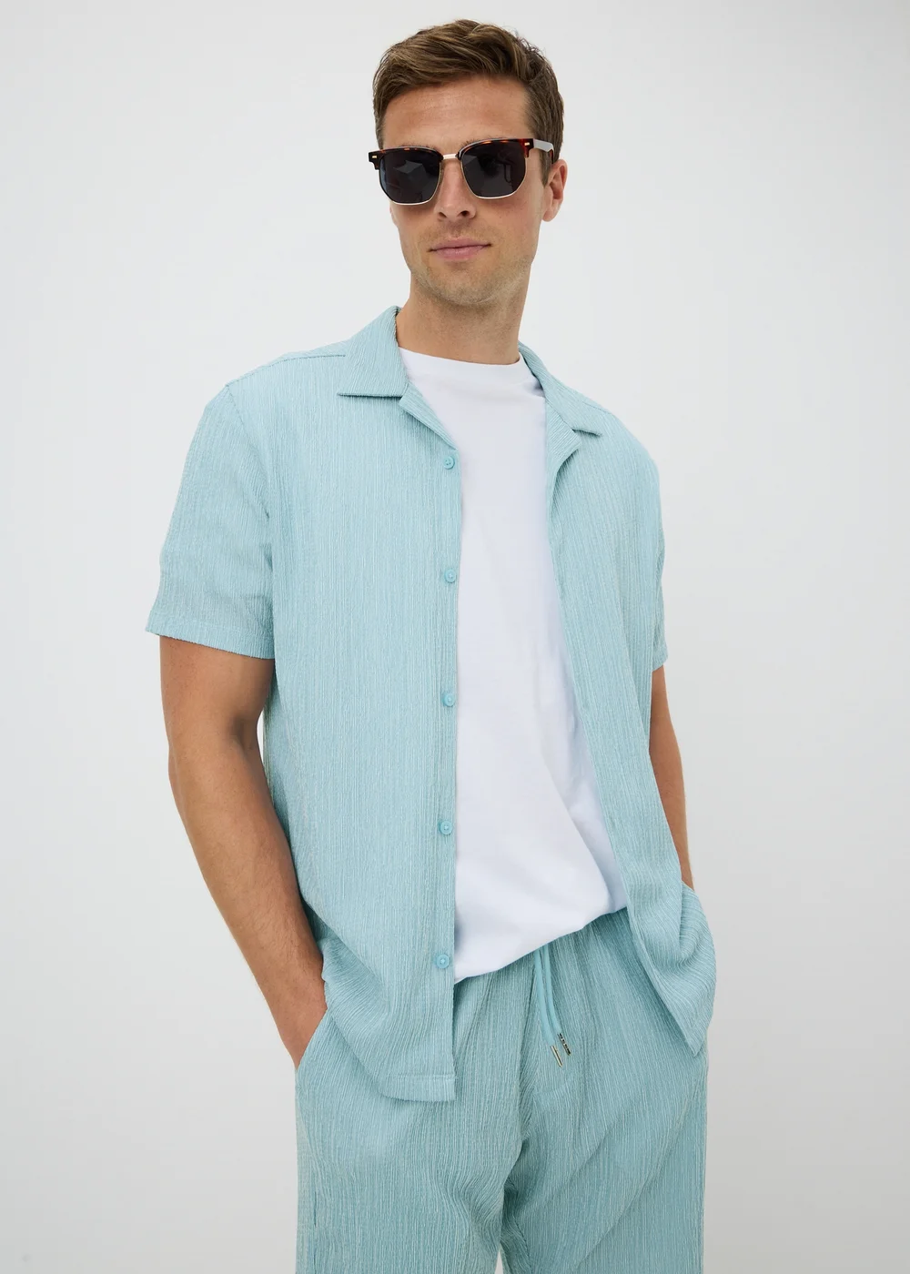 Blue Plisse Textured Co Ord Shirt - L Image 1