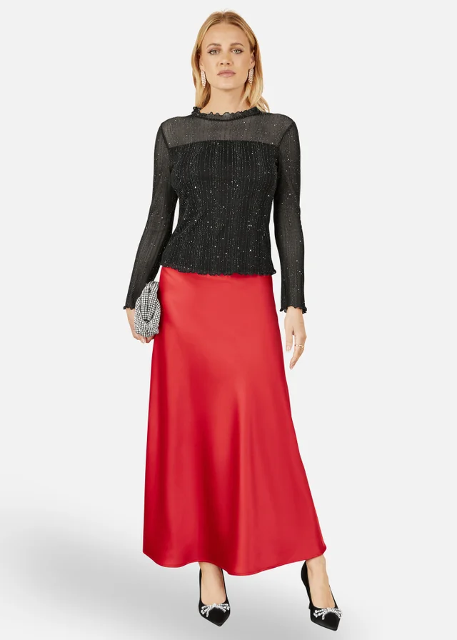 Yumi Red Satin Midi Skirt