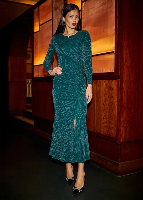 Yumi Green Mesh Fitted Ruched Midi Dress With Long Sleeves - 14 Image 1