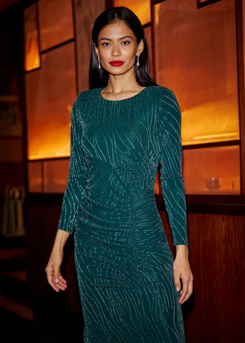 Yumi Green Mesh Fitted Ruched Midi Dress With Long Sleeves - 14 Image 3