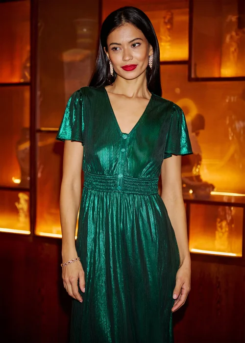 Yumi Green Metallic Ruched Midi Dress - 14 Image 2