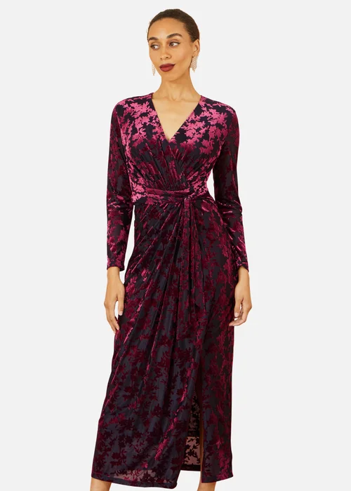 Yumi Burgundy Velour Stretch Midi Dress With Long Sleeves - 14 Image 1