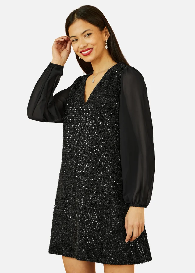 Yumi Black Sequin Tunic With Tie Back & Sheer Sleeves
