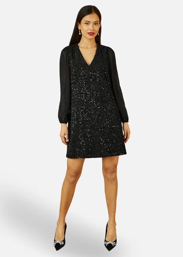 Yumi Black Sequin Tunic With Tie Back & Sheer Sleeves
