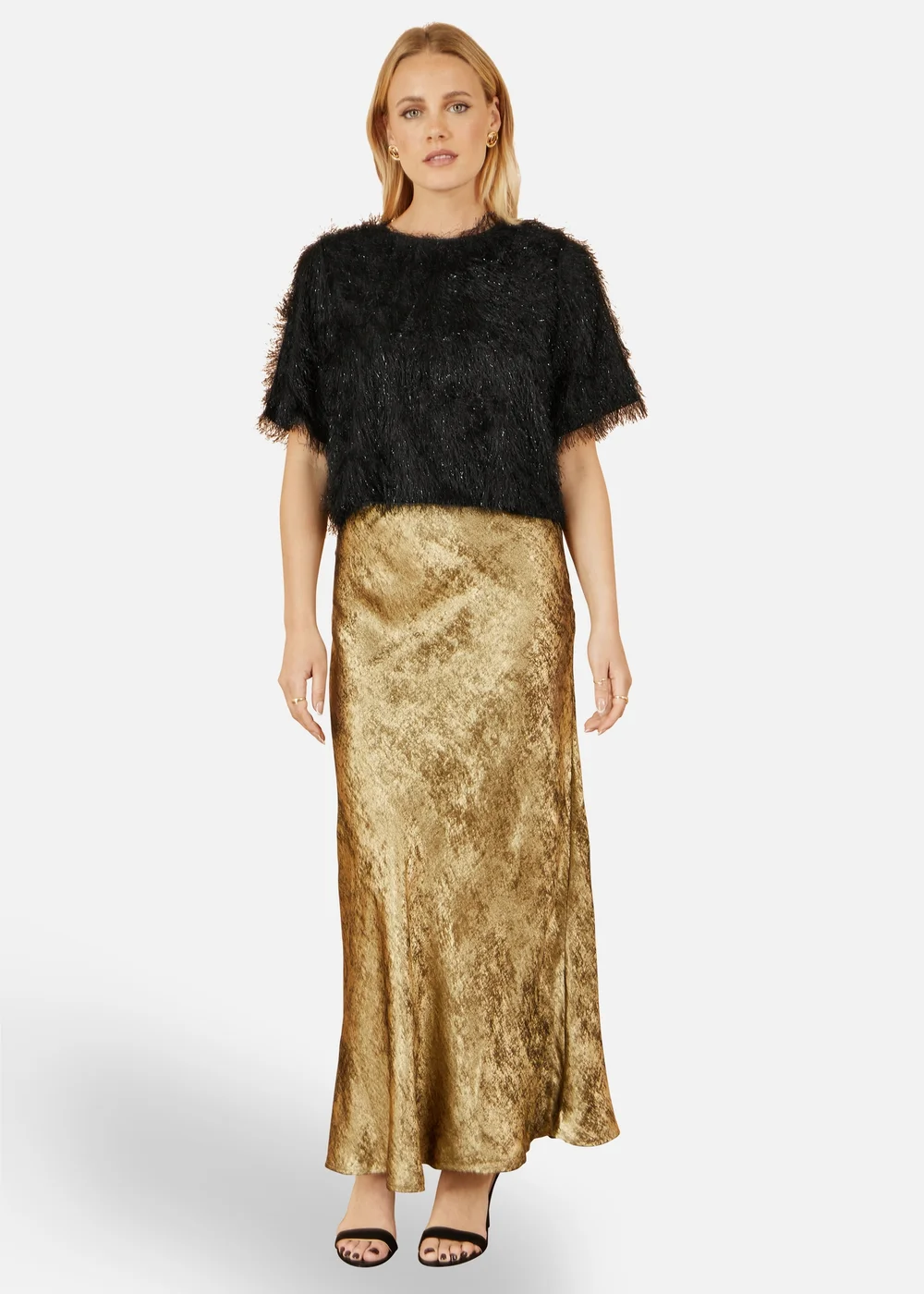 Yumi Gold Satin Midi Skirt - Size 10 Image 1