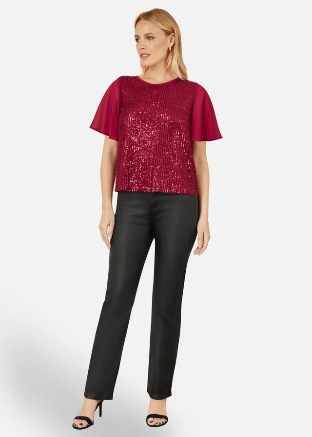 Yumi Burgundy Sequin Top With Sheer Sleeves & Cut Out Back