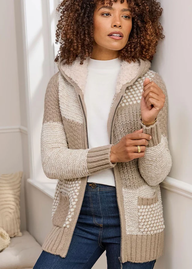 Cotton Traders Linen Hooded Knitted Zip Cardigan