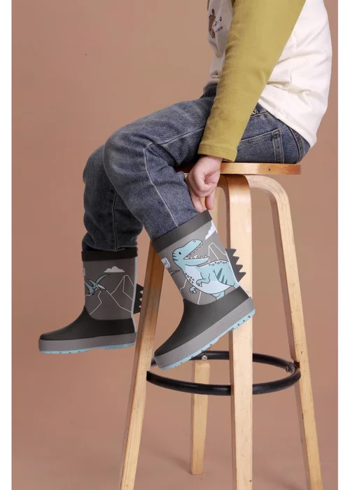 ToeZone Boys Grey Dinosaur Waterproof Wellies - Size 8 Infants Footwear Image 4
