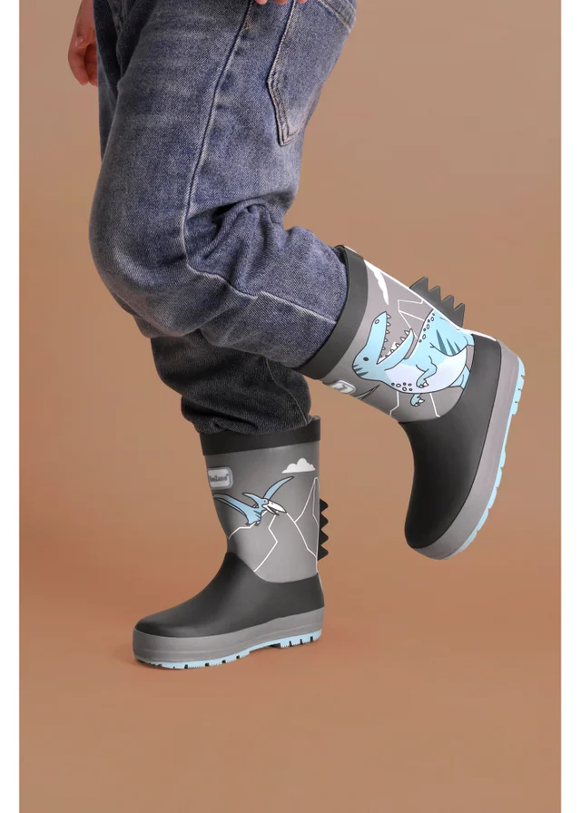 ToeZone Boys Grey Dinosaur Waterproof Wellies (Younger 6 - Older 12)