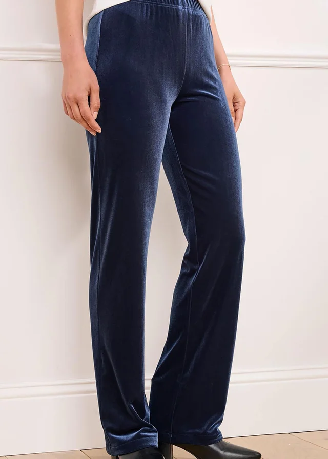 Cotton Traders Dark Blue Velour Straight Leg Pull On Stretch Trousers