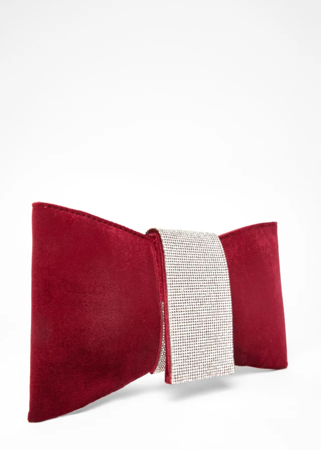 Quiz Burgundy Diamante Bow Clutch Bag