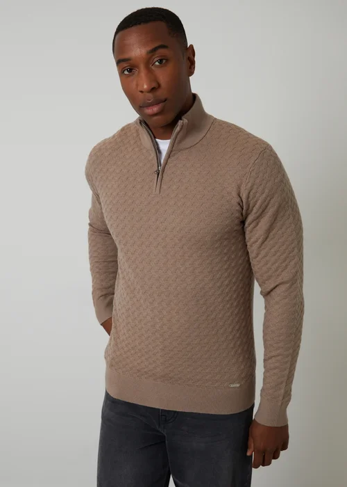 Threadbare Natural Textured Cable Knit Quarter Zip Jumper - Medium Image 1
