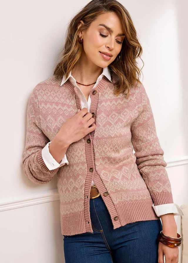 Cotton Traders Rose Pink Fair Isle Cardigan