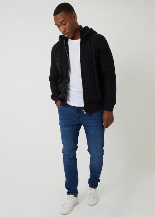 Threadbare Black Cable Knit Microfleece Lined Zip Through Hoodie - Large Image 3