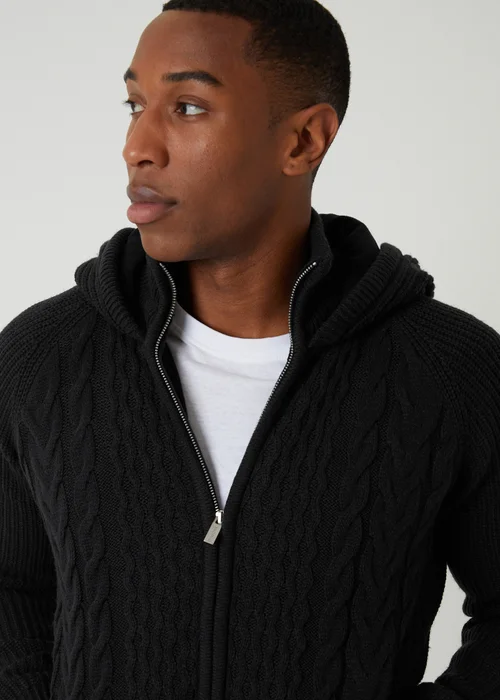 Threadbare Black Cable Knit Microfleece Lined Zip Through Hoodie - Large Image 4