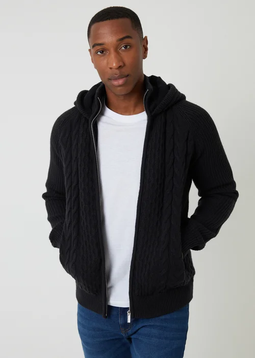 Threadbare Black Cable Knit Microfleece Lined Zip Through Hoodie - Large Image 1