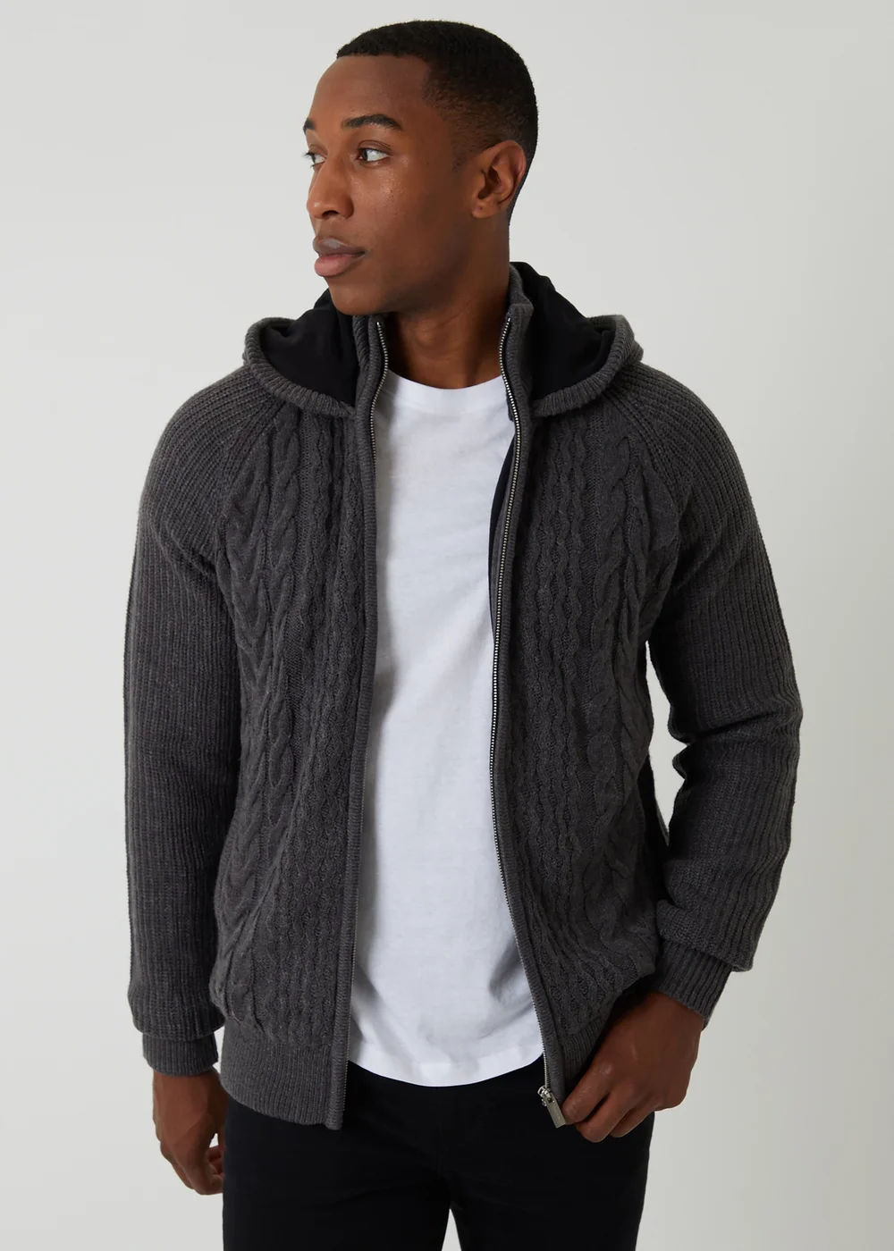 Threadbare Charcoal Cable Knit Microfleece Lined Zip Through Hoodie - Medium Image 1