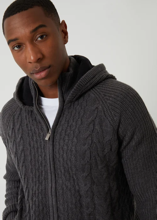 Threadbare Charcoal Cable Knit Microfleece Lined Zip Through Hoodie - Medium Image 4