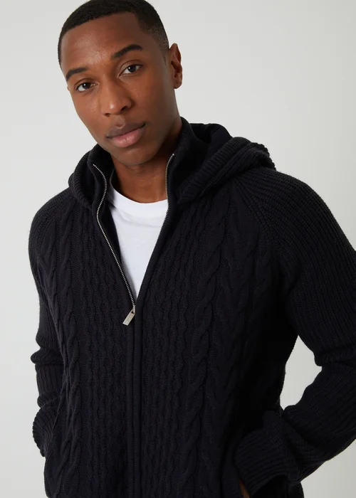 Threadbare Navy Cable Knit Microfleece Lined Zip Through Hoodie - Large Image 4