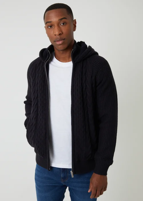 Threadbare Navy Cable Knit Microfleece Lined Zip Through Hoodie - Large Image 1