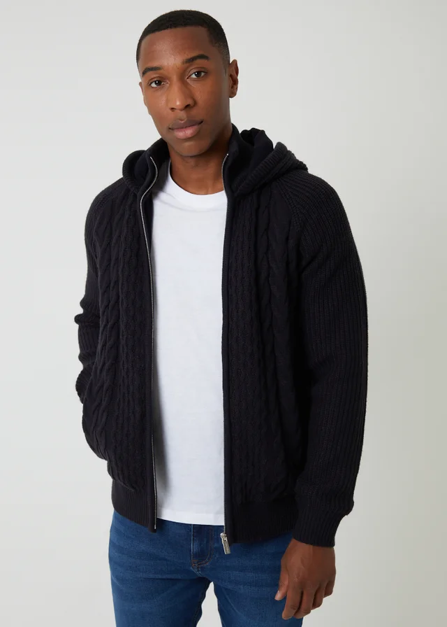 Threadbare Navy Cable Knit Microfleece Lined Zip Through Hoodie