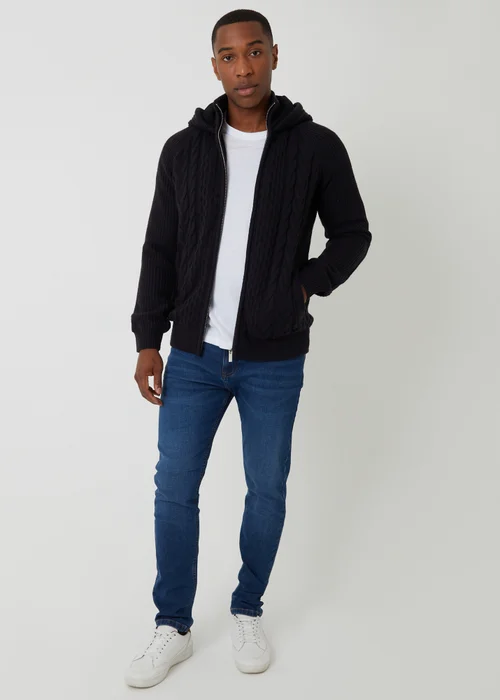 Threadbare Navy Cable Knit Microfleece Lined Zip Through Hoodie - Large Image 3