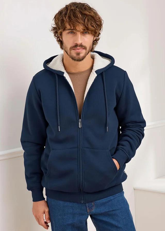 Cotton Traders Dark Blue Fleece Lined Zip Through Jersey Jacket