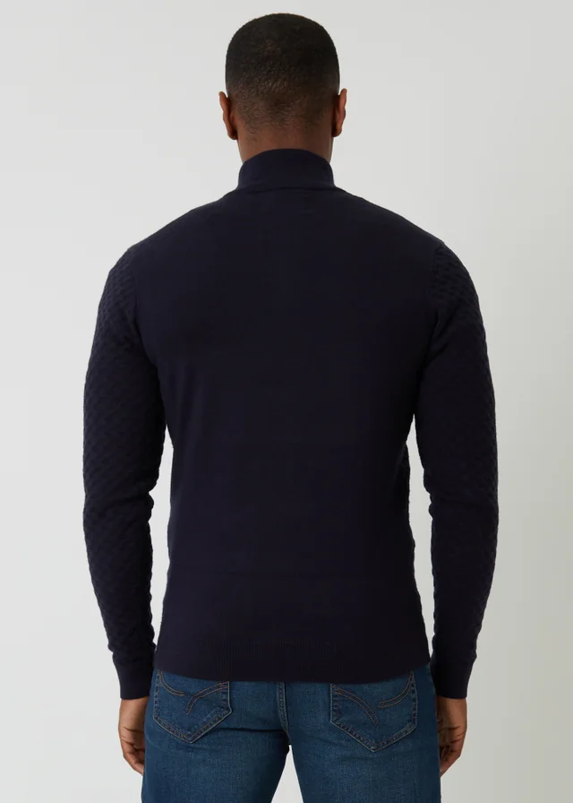 Threadbare Navy Textured Cable Knit Quarter Zip Jumper