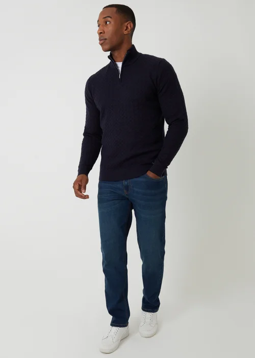 Threadbare Navy Textured Cable Knit Quarter Zip Jumper - Large Image 3