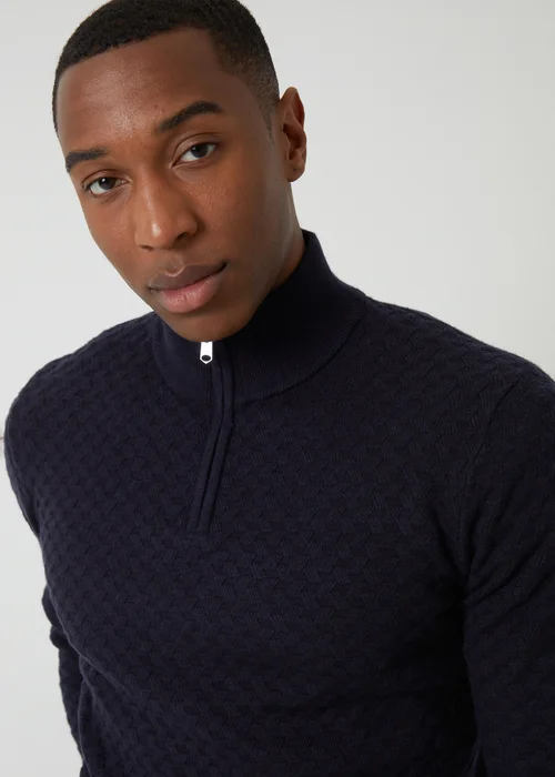 Threadbare Navy Textured Cable Knit Quarter Zip Jumper - Large Image 4