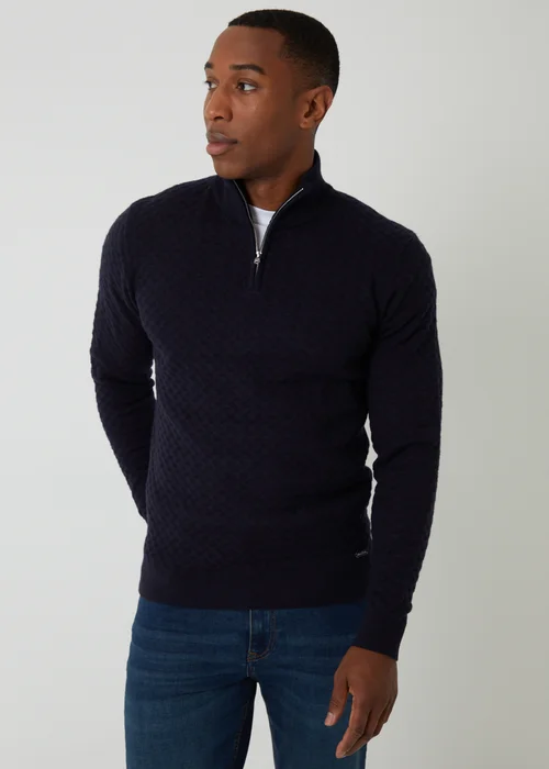 Threadbare Navy Textured Cable Knit Quarter Zip Jumper - Large Image 1