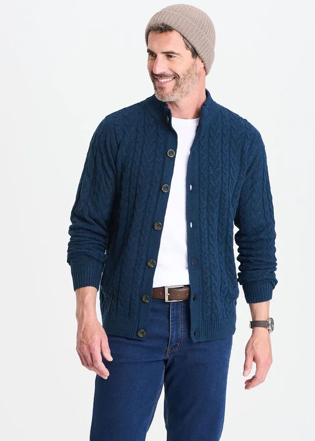 Cotton Traders Dark Blue Cable Knit Button Through Cardigan