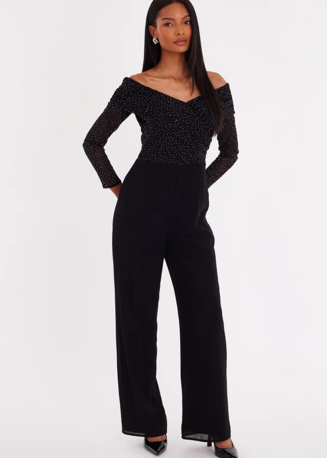 Quiz Black Diamante Bardot Jumpsuit