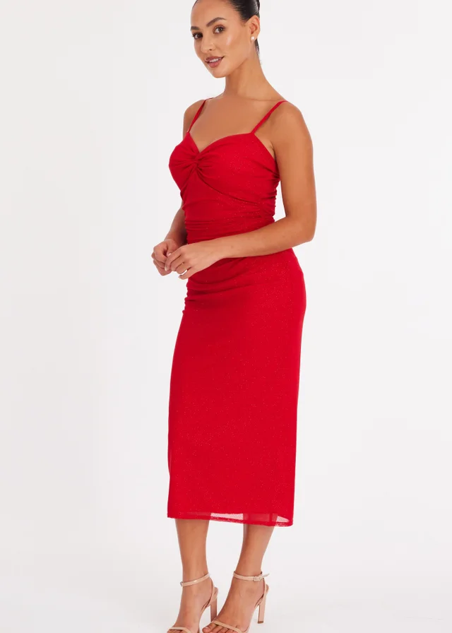 Quiz Red Petite Glitter Mesh Midaxi Dress